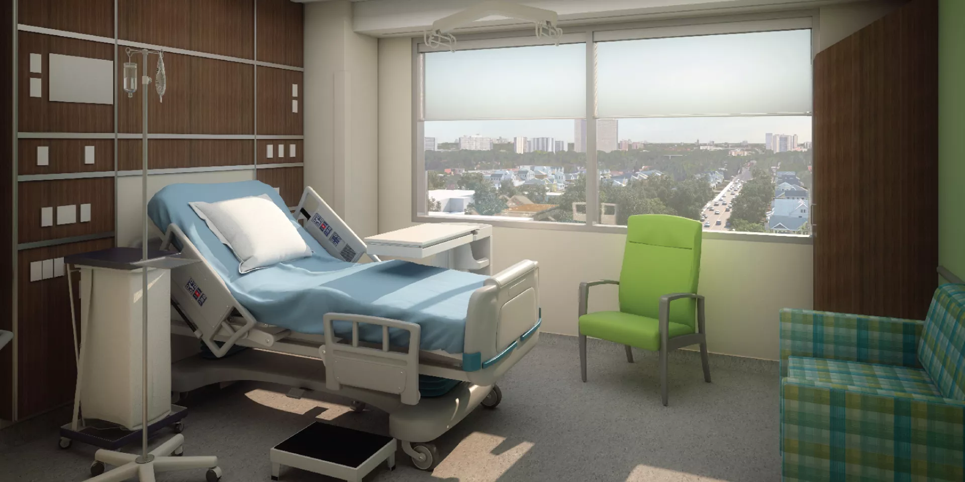 Furnish a Patient Room 3D rendering of a patient room with a large window streaming in sunlight. It contains a hospital bed, a chair and a couch.