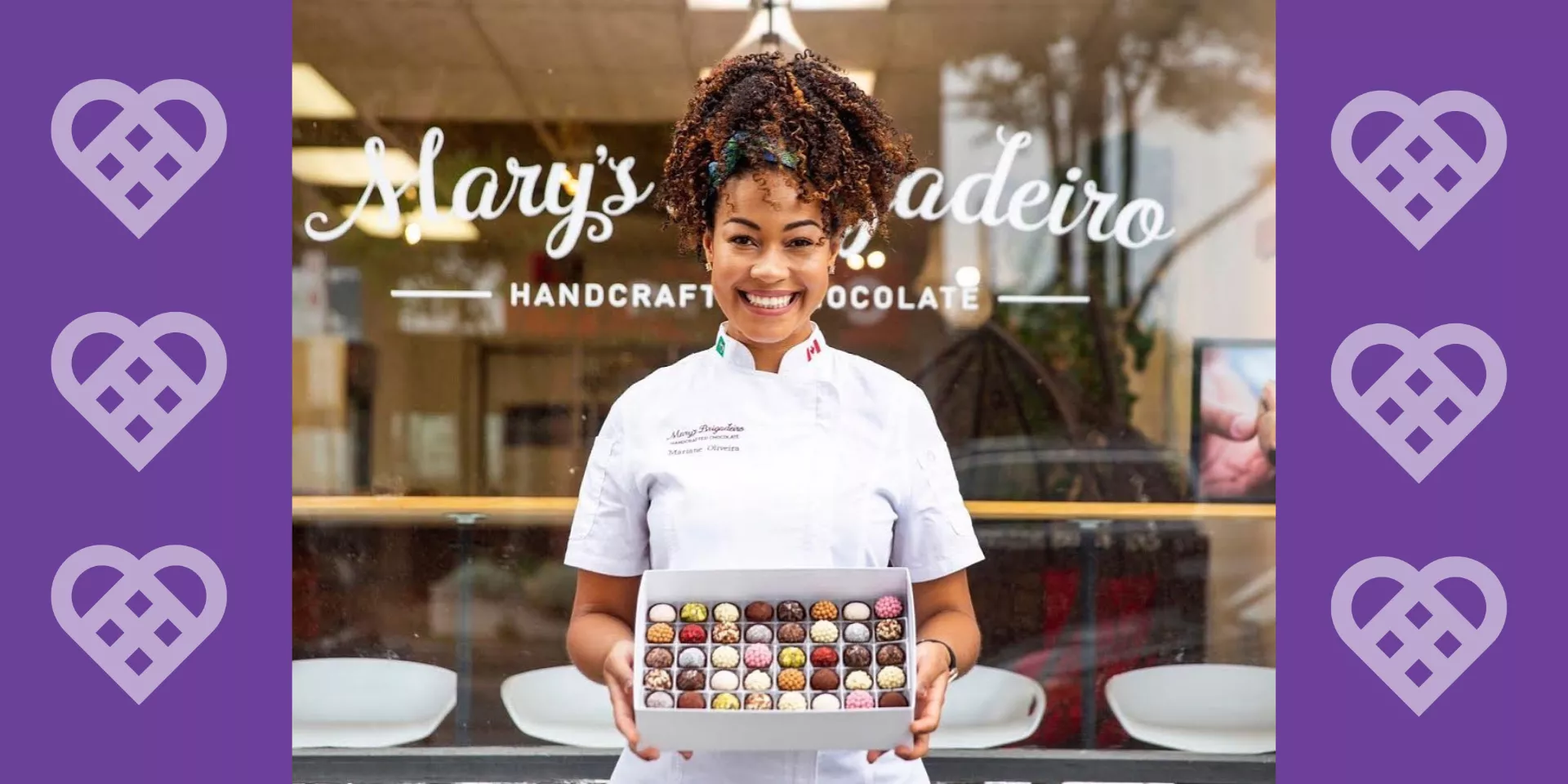 Mariane Oliveira from Mary's Brigadeiro Handcrafted Chocolates was one of the business owners who who held February fundraisers for Michael Garron Hospital. Mary Brigadeiro holding a box of chocolates in front of her chocolate store with a message saying "share the heart this valentine's day"