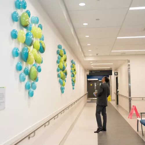 From the Heart is comprised of engraved glass orbs featured by the lobby in the Ken and Marilyn Thomson Patient Care Centre person standing in hallway admiring a wall filled with hand blown glass orbs engraved with donor names.
