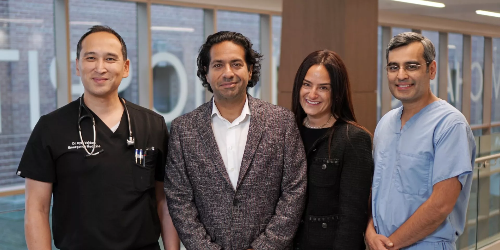 Philanthropists  Moez and Marissa Kassam (centre) stand with Dr. Kyle Vojdani (left), Chief and Medical Director of our hospital’s Stavro Emergency Department, and Dr. Mohammad Zia, Medical Director of Cardiac Program Expansion.